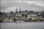 St.Leodegar church and hotels along lake shores.